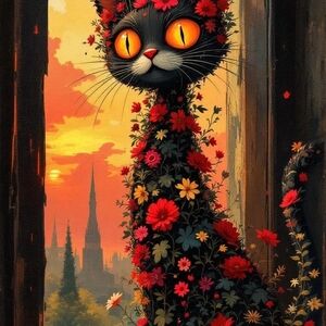 Artistic Black Cat with Floral Design